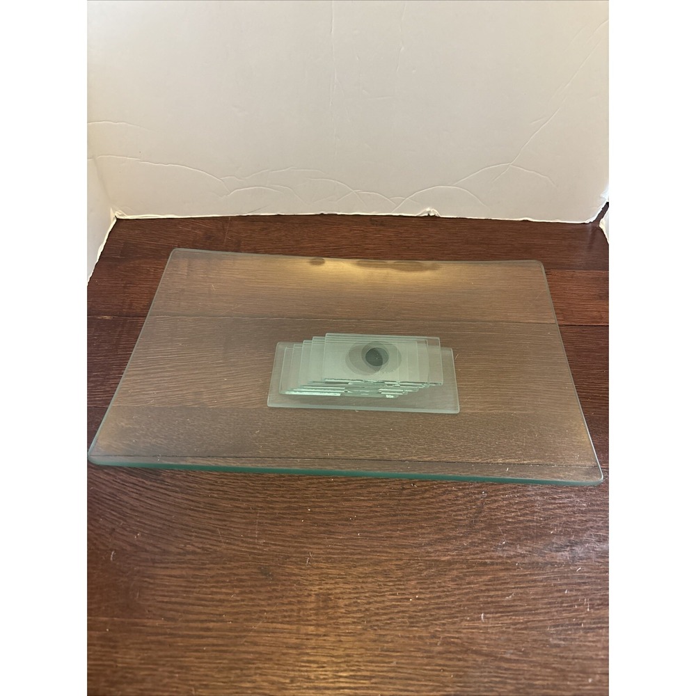 Sleek Modern Blue Green Tinted Stacked Glass Tray Snacks Vanity Display 13.5 X 9